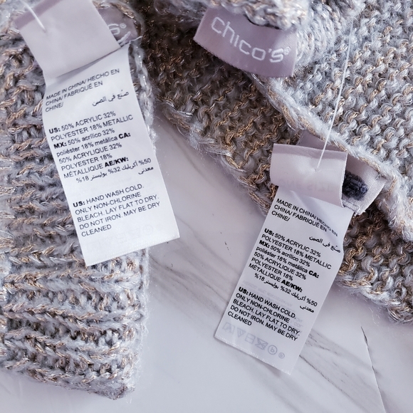 Chico's Scarf Hat Fingerless Glove Set Gray Knit Gold an Silver Metallic Threads - Picture 7 of 10